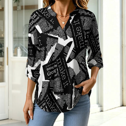 Stand-up Collar Long-sleeved Shirt Newspaper Vintage Dress  Customization Women’s V-Neck Blouses,long Sleeve,Roll-Up Sleeve Shirt