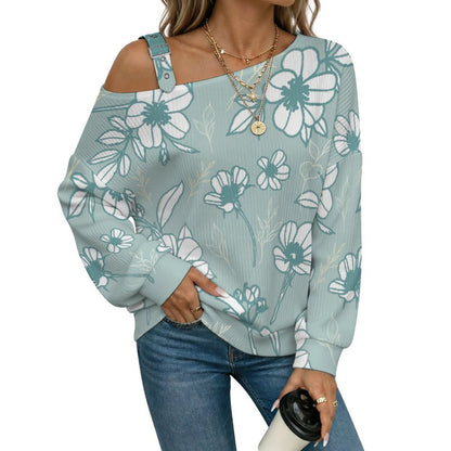 Off-the-shoulder Sweater Blue Elegant Flowers  Asymmetric Cold Shoulder Knit Sweater for Women, Adjustable Buckle Strap Long Sleeve Casual Slouchy Pullover