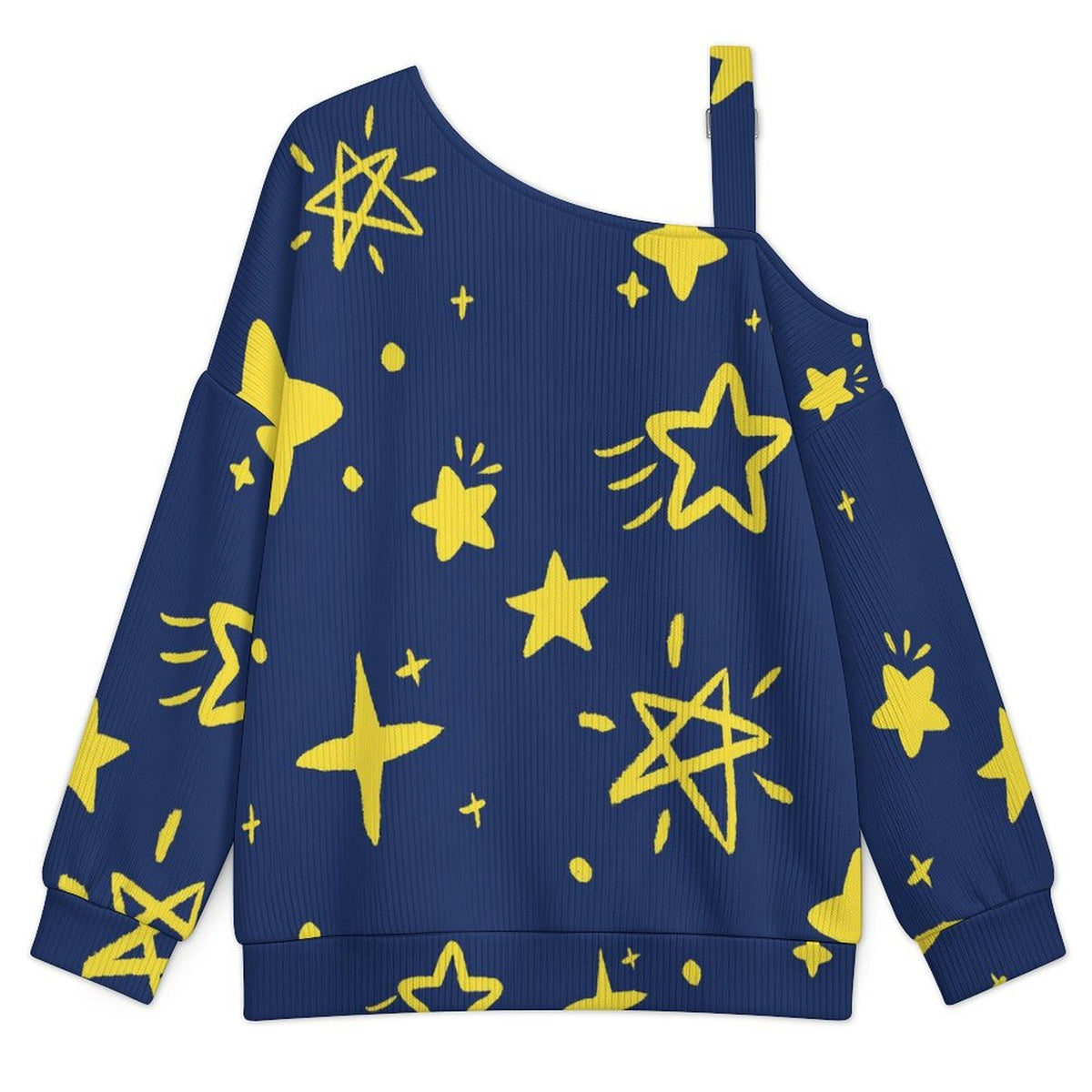 Off-the-shoulder Sweater Pattern-Stars-Cute-Tile Pattern-Blue  Asymmetric Cold Shoulder Knit Sweater for Women, Adjustable Buckle Strap Long Sleeve Casual Slouchy Pullover