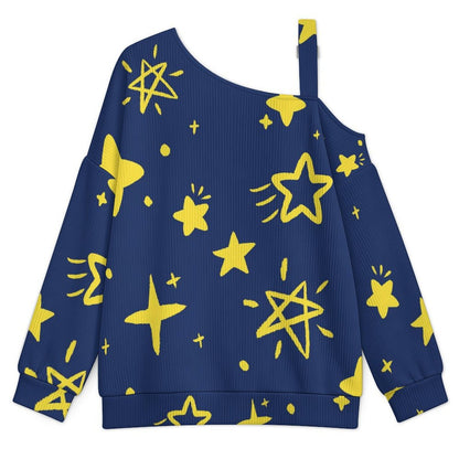 Off-the-shoulder Sweater Pattern-Stars-Cute-Tile Pattern-Blue  Asymmetric Cold Shoulder Knit Sweater for Women, Adjustable Buckle Strap Long Sleeve Casual Slouchy Pullover