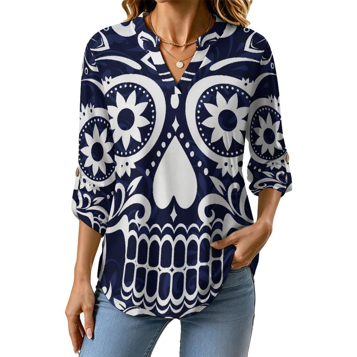 Stand-up Collar Long-sleeved Shirt Skul,folk-customl  Customization Women’s V-Neck Blouses,long Sleeve,Roll-Up Sleeve Shirt