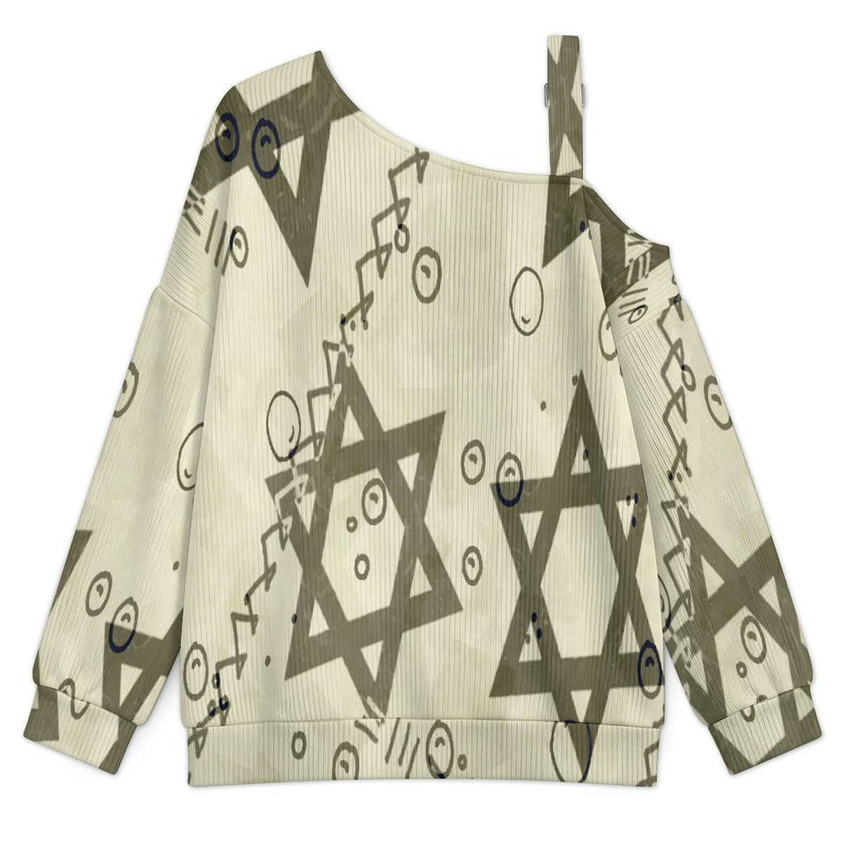 Off-the-shoulder Sweater Star-of-david  Asymmetric Cold Shoulder Knit Sweater for Women, Adjustable Buckle Strap Long Sleeve Casual Slouchy Pullover