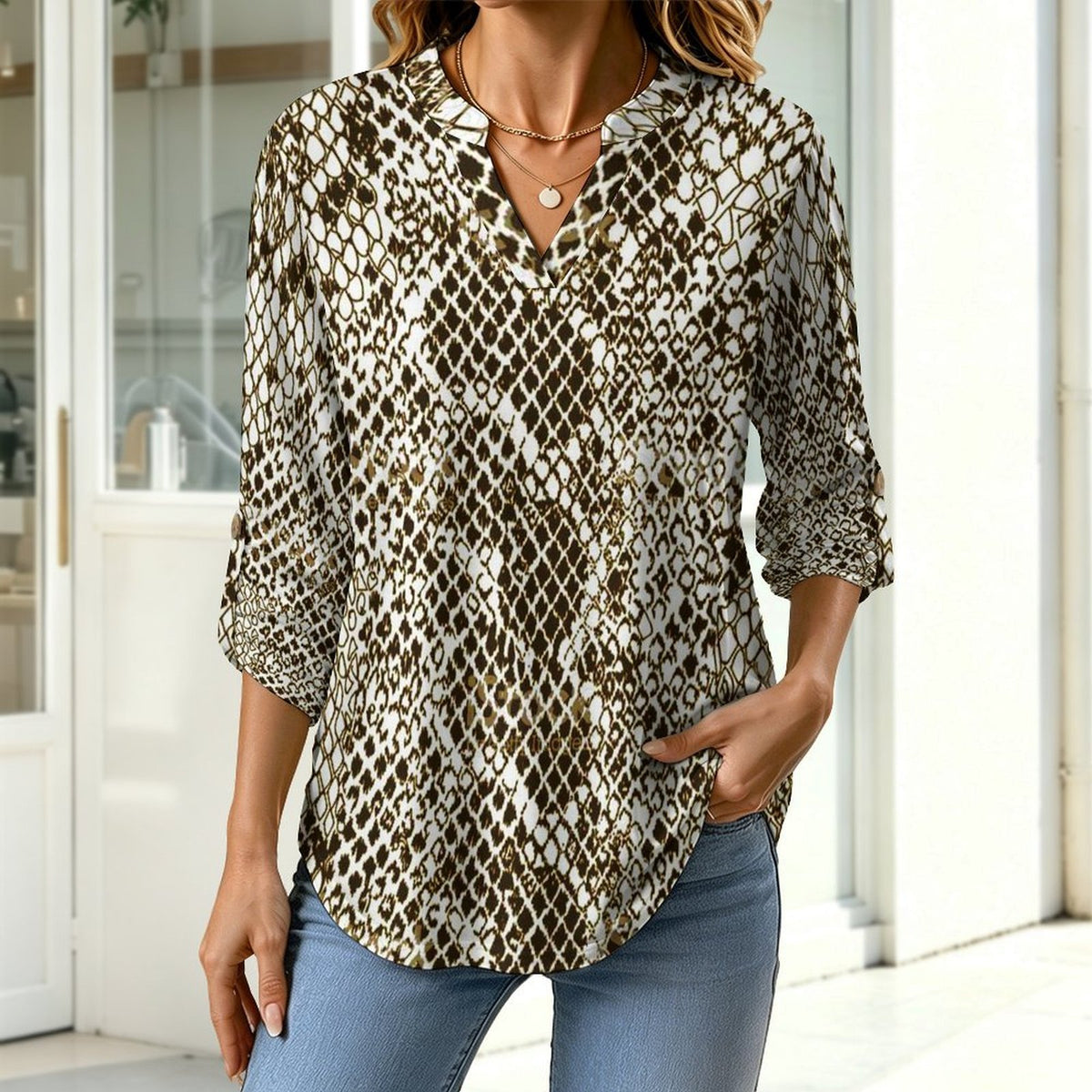 Stand-up Collar Long-sleeved Shirt Snake Skin  Customization Women’s V-Neck Blouses,long Sleeve,Roll-Up Sleeve Shirt