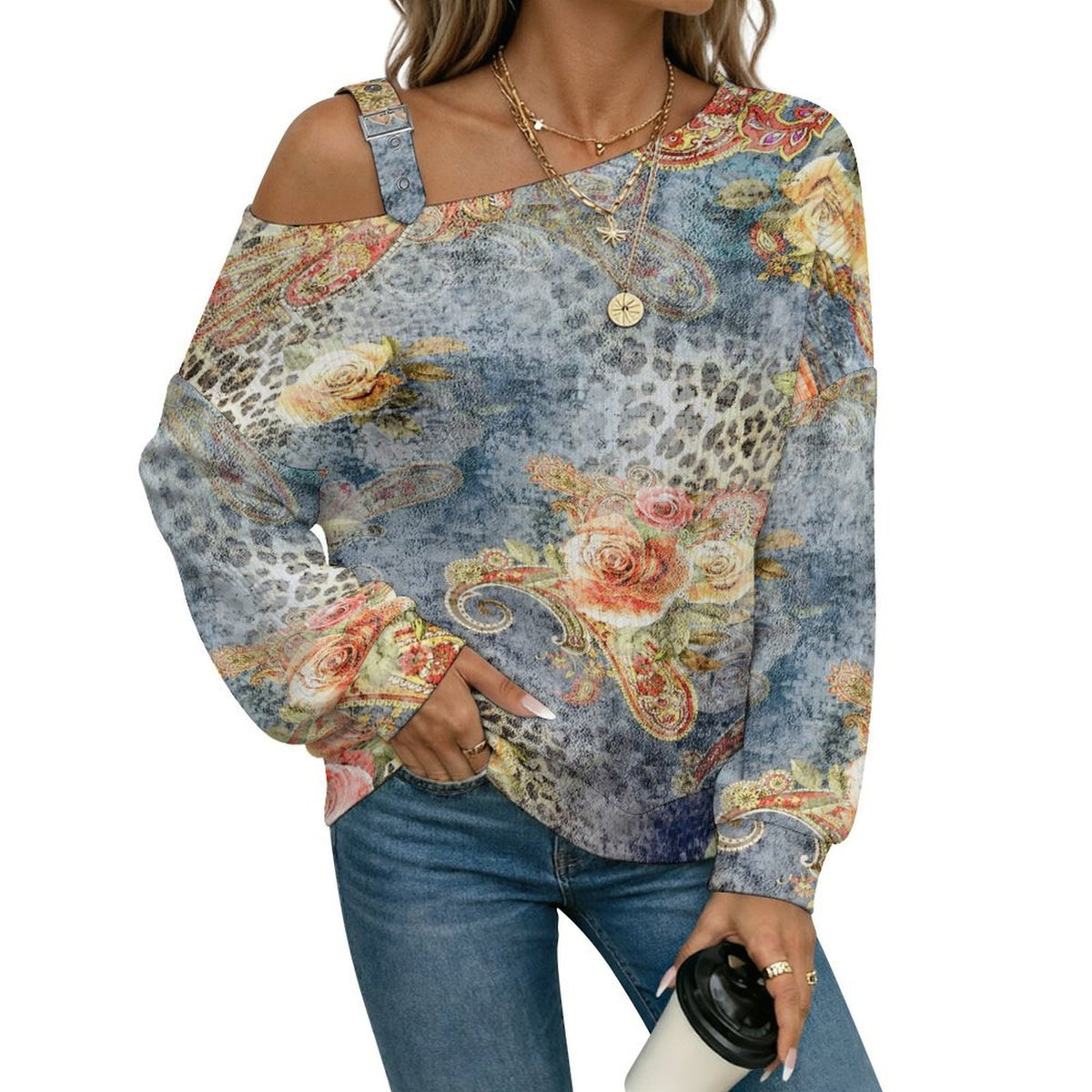 Off-the-shoulder Sweater Exotic Ethnic Patterns  Asymmetric Cold Shoulder Knit Sweater for Women, Adjustable Buckle Strap Long Sleeve Casual Slouchy Pullover