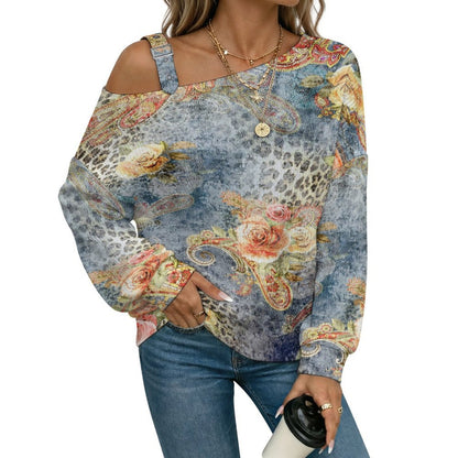 Off-the-shoulder Sweater Exotic Ethnic Patterns  Asymmetric Cold Shoulder Knit Sweater for Women, Adjustable Buckle Strap Long Sleeve Casual Slouchy Pullover