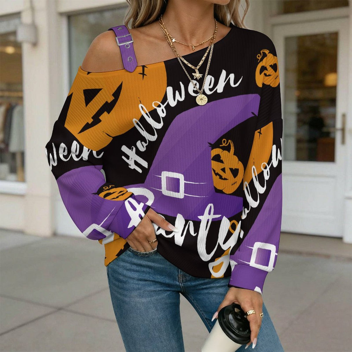 Off-the-shoulder Sweater Pumpkin, Halloween, Wizard Hat  Asymmetric Cold Shoulder Knit Sweater for Women, Adjustable Buckle Strap Long Sleeve Casual Slouchy Pullover