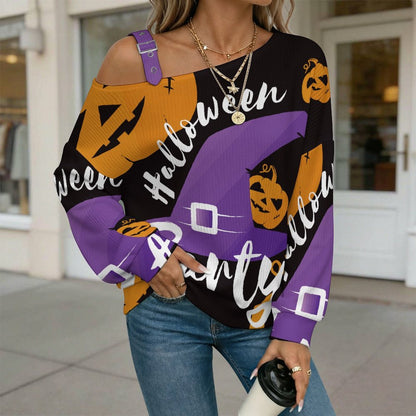 Off-the-shoulder Sweater Pumpkin, Halloween, Wizard Hat  Asymmetric Cold Shoulder Knit Sweater for Women, Adjustable Buckle Strap Long Sleeve Casual Slouchy Pullover
