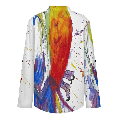 Stand-up Collar Long-sleeved Shirt Painting, Parrot  Customization Women’s V-Neck Blouses,long Sleeve,Roll-Up Sleeve Shirt