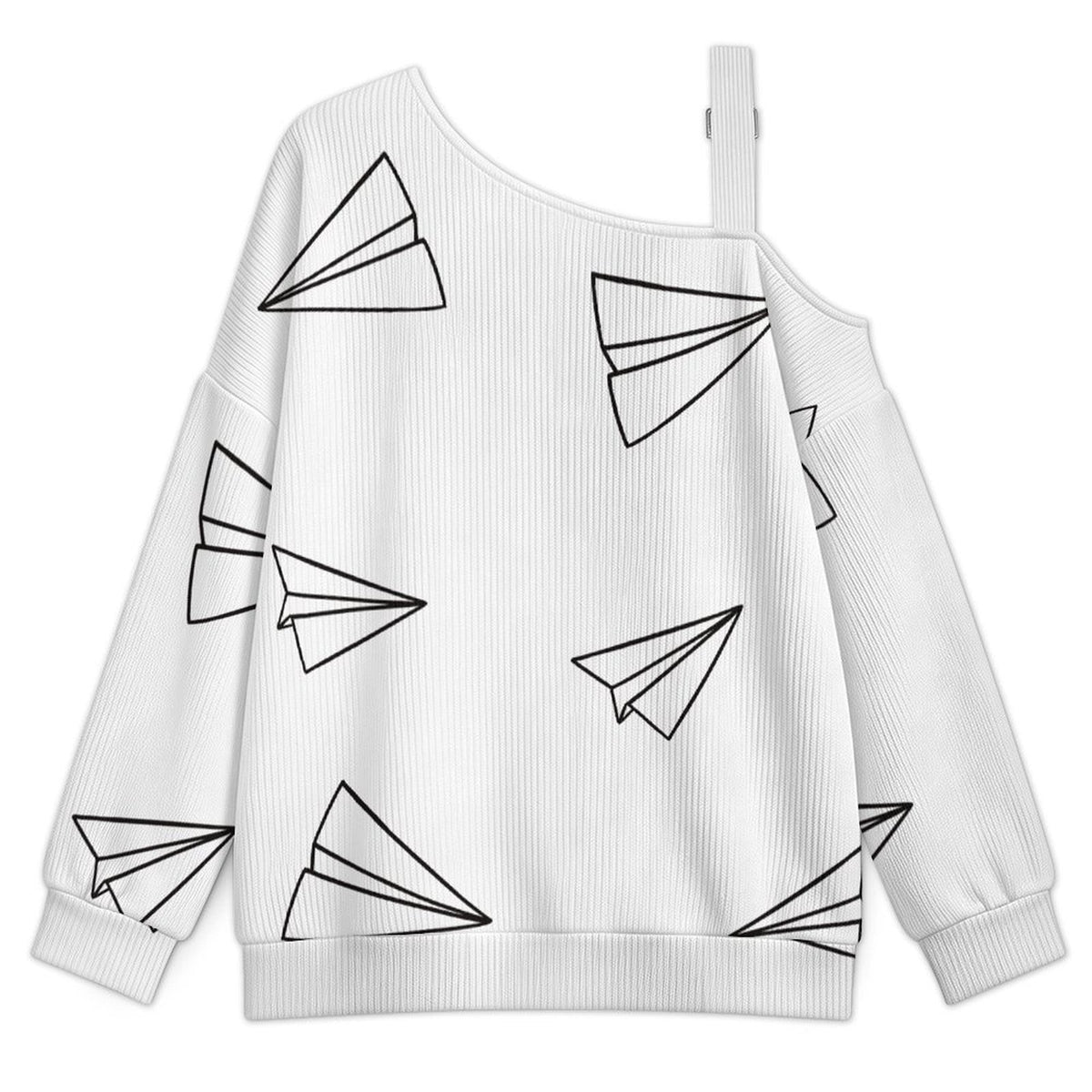 Off-the-shoulder Sweater Paper Aircraft Decorative Pattern  Asymmetric Cold Shoulder Knit Sweater for Women, Adjustable Buckle Strap Long Sleeve Casual Slouchy Pullover