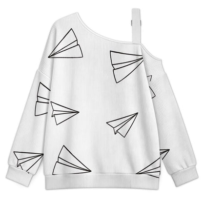 Off-the-shoulder Sweater Paper Aircraft Decorative Pattern  Asymmetric Cold Shoulder Knit Sweater for Women, Adjustable Buckle Strap Long Sleeve Casual Slouchy Pullover