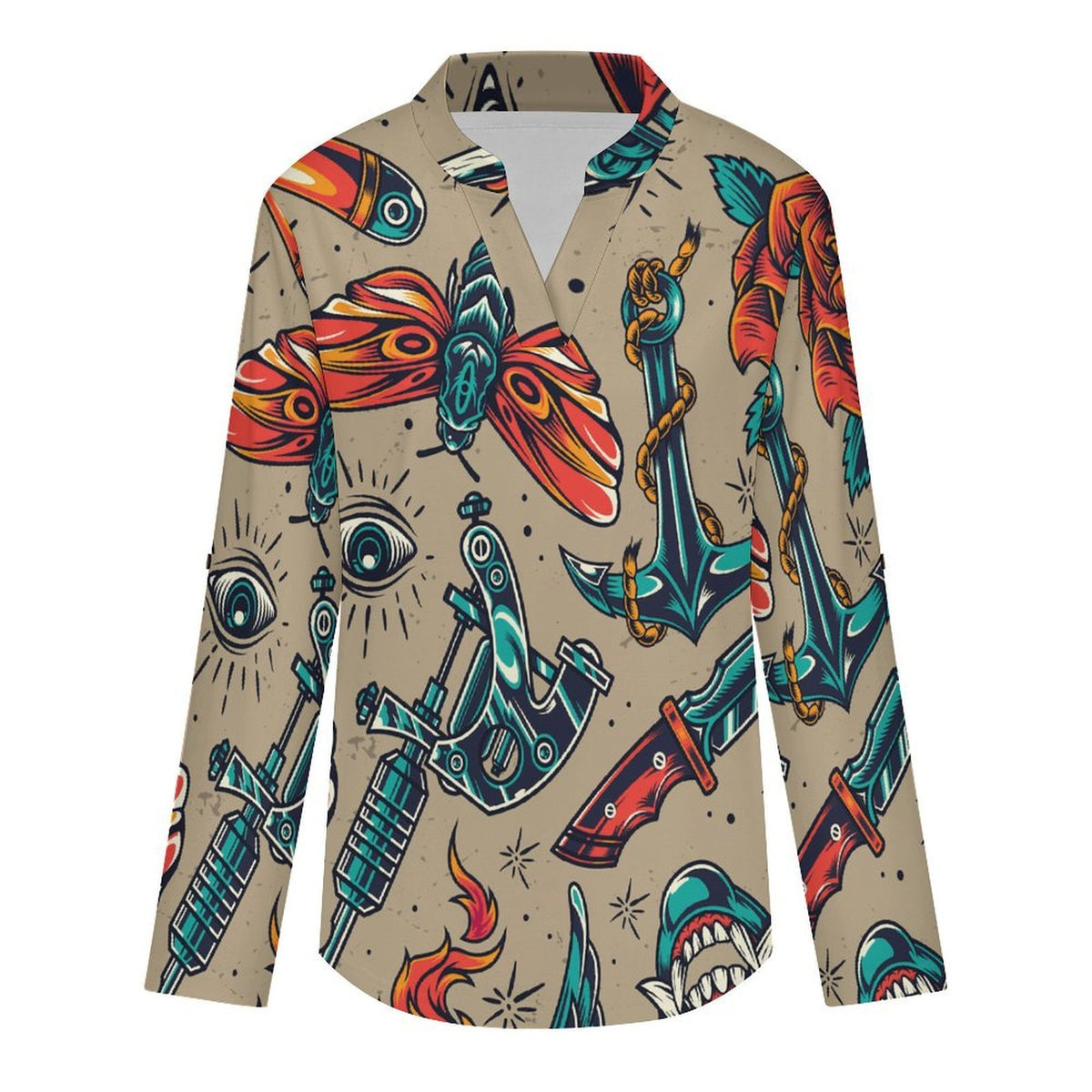 Stand-up Collar Long-sleeved Shirt Retro Patterns, Eyes, Evil  Customization Women’s V-Neck Blouses,long Sleeve,Roll-Up Sleeve Shirt
