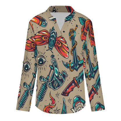 Stand-up Collar Long-sleeved Shirt Retro Patterns, Eyes, Evil  Customization Women’s V-Neck Blouses,long Sleeve,Roll-Up Sleeve Shirt