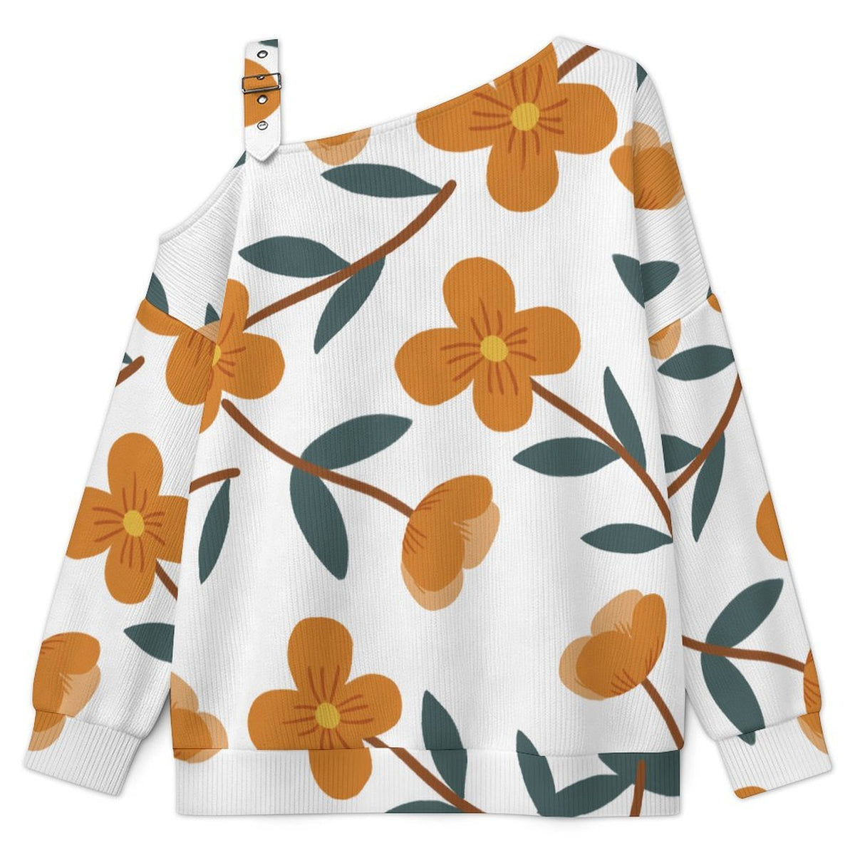 Off-the-shoulder Sweater Orange Flower Tile Decorative Pattern  Asymmetric Cold Shoulder Knit Sweater for Women, Adjustable Buckle Strap Long Sleeve Casual Slouchy Pullover