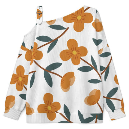 Off-the-shoulder Sweater Orange Flower Tile Decorative Pattern  Asymmetric Cold Shoulder Knit Sweater for Women, Adjustable Buckle Strap Long Sleeve Casual Slouchy Pullover