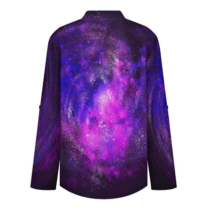 Stand-up Collar Long-sleeved Shirt Purple Starry Sky, Clouds  Customization Women’s V-Neck Blouses,long Sleeve,Roll-Up Sleeve Shirt