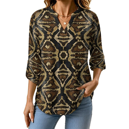 Snakeskin Pattern, Repeating Pattern  Versatile Notched V-Neck Tunic | Roll Tab 3/4 Sleeve Office Casual Top