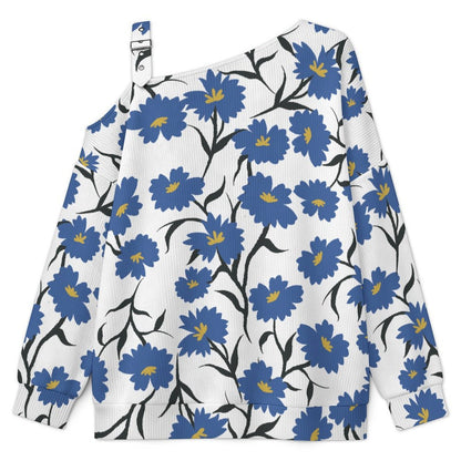 Off-the-shoulder Sweater White Background, Blue Flowers  Asymmetric Cold Shoulder Knit Sweater for Women, Adjustable Buckle Strap Long Sleeve Casual Slouchy Pullover