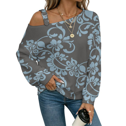 Off-the-shoulder Sweater European Retro Pattern  Asymmetric Cold Shoulder Knit Sweater for Women, Adjustable Buckle Strap Long Sleeve Casual Slouchy Pullover