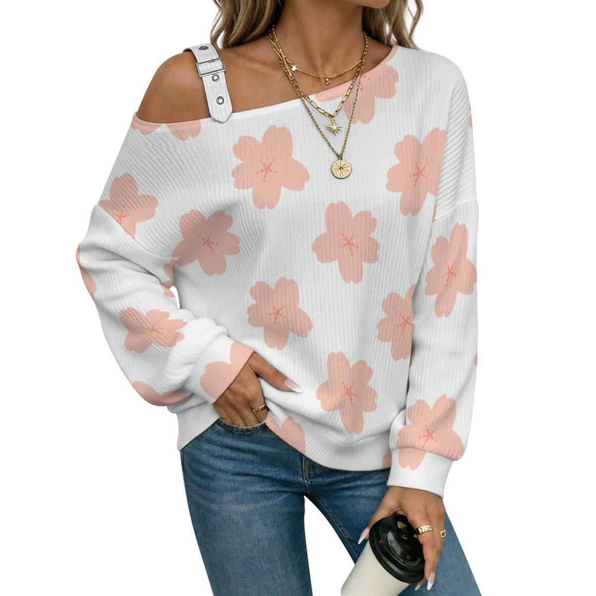 Off-the-shoulder Sweater Cherry Blossoms  Asymmetric Cold Shoulder Knit Sweater for Women, Adjustable Buckle Strap Long Sleeve Casual Slouchy Pullover