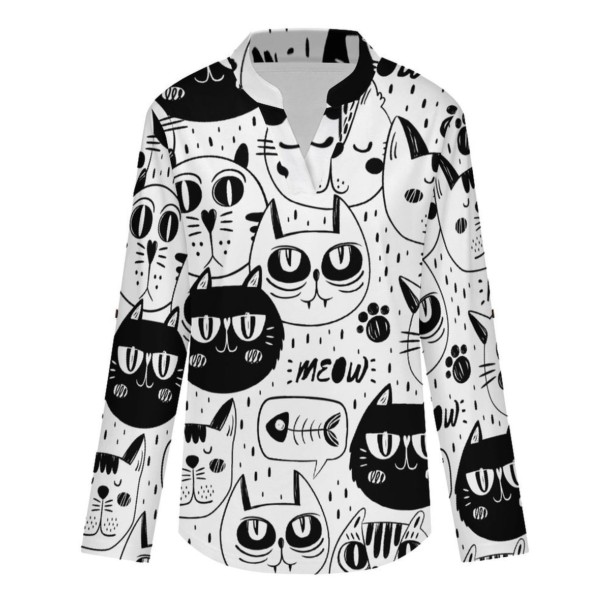 Stand-up Collar Long-sleeved Shirt Simple Strokes, Cat white S Women’s V-Neck Blouses