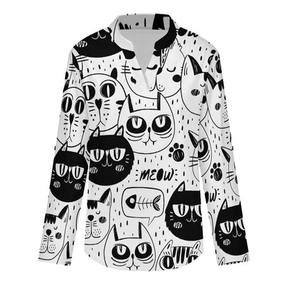 Stand-up Collar Long-sleeved Shirt Simple Strokes, Cat white S Women’s V-Neck Blouses
