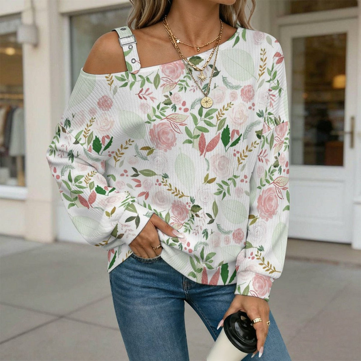 Off-the-shoulder Sweater Pink Roses, Green Leaves  Asymmetric Cold Shoulder Knit Sweater for Women, Adjustable Buckle Strap Long Sleeve Casual Slouchy Pullover