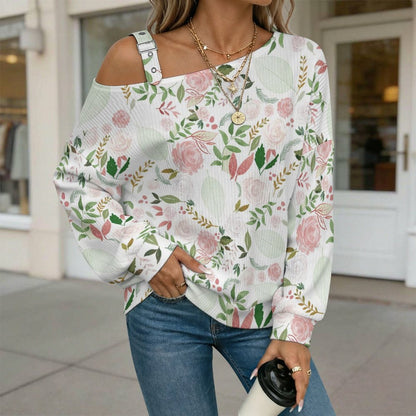 Off-the-shoulder Sweater Pink Roses, Green Leaves  Asymmetric Cold Shoulder Knit Sweater for Women, Adjustable Buckle Strap Long Sleeve Casual Slouchy Pullover