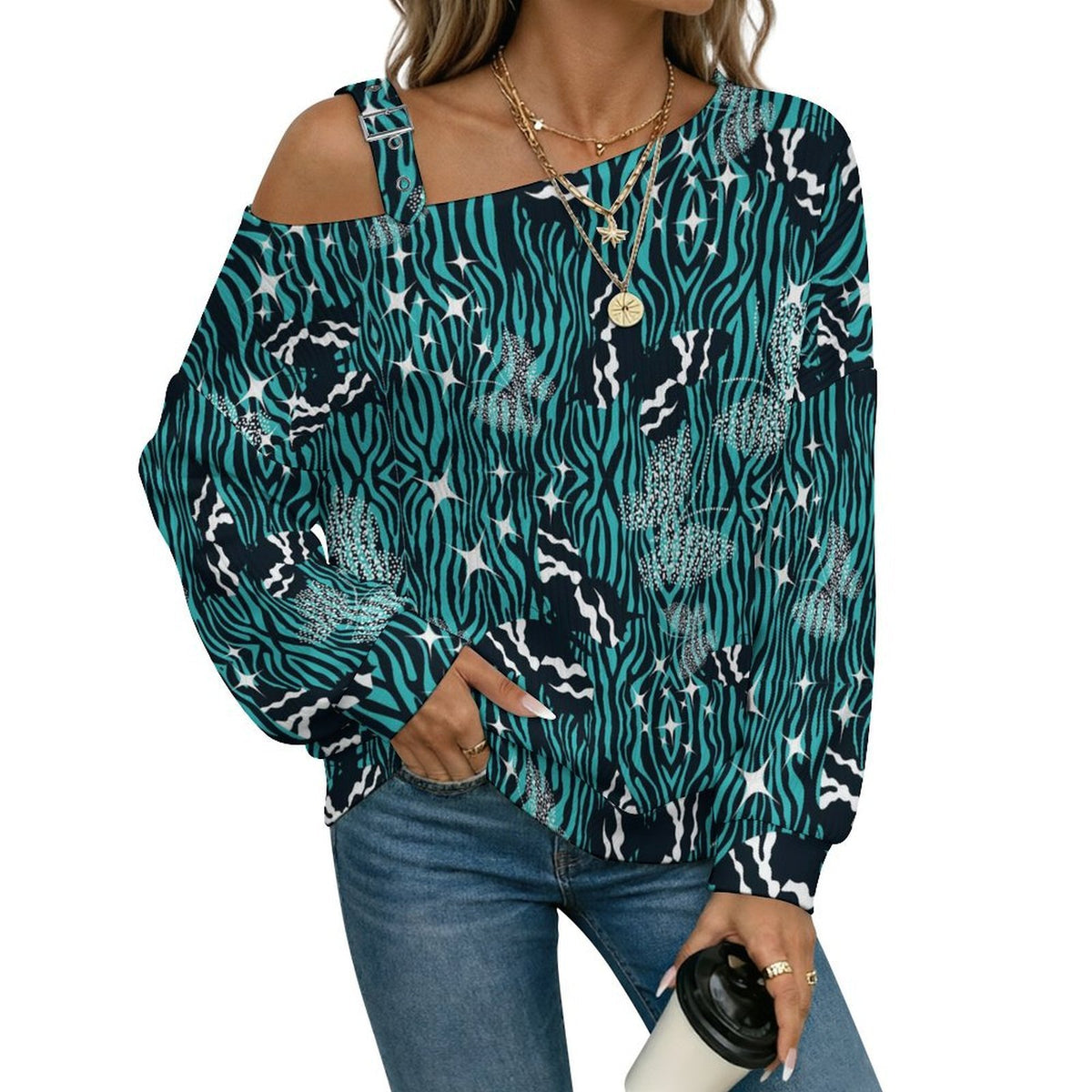 Off-the-shoulder Sweater Butterfly Pattern  Asymmetric Cold Shoulder Knit Sweater for Women, Adjustable Buckle Strap Long Sleeve Casual Slouchy Pullover