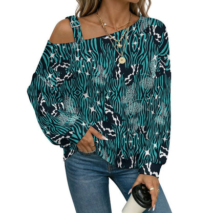 Off-the-shoulder Sweater Butterfly Pattern  Asymmetric Cold Shoulder Knit Sweater for Women, Adjustable Buckle Strap Long Sleeve Casual Slouchy Pullover