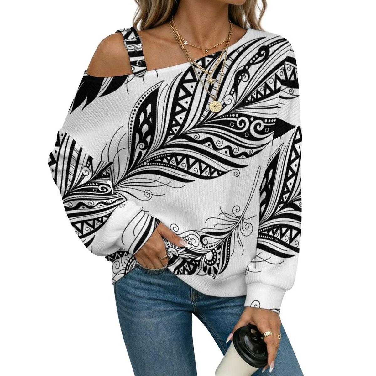 Off-the-shoulder Sweater Wing  Asymmetric Cold Shoulder Knit Sweater for Women, Adjustable Buckle Strap Long Sleeve Casual Slouchy Pullover