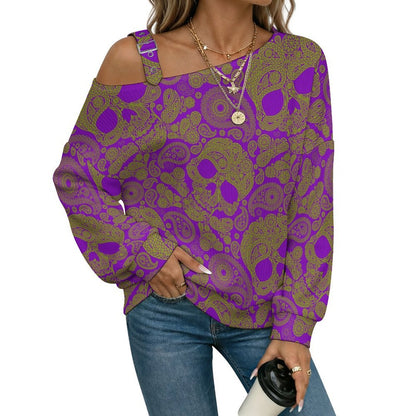 Off-the-shoulder Sweater Skull - Repeat - Paisley Pattern  Asymmetric Cold Shoulder Knit Sweater for Women, Adjustable Buckle Strap Long Sleeve Casual Slouchy Pullover