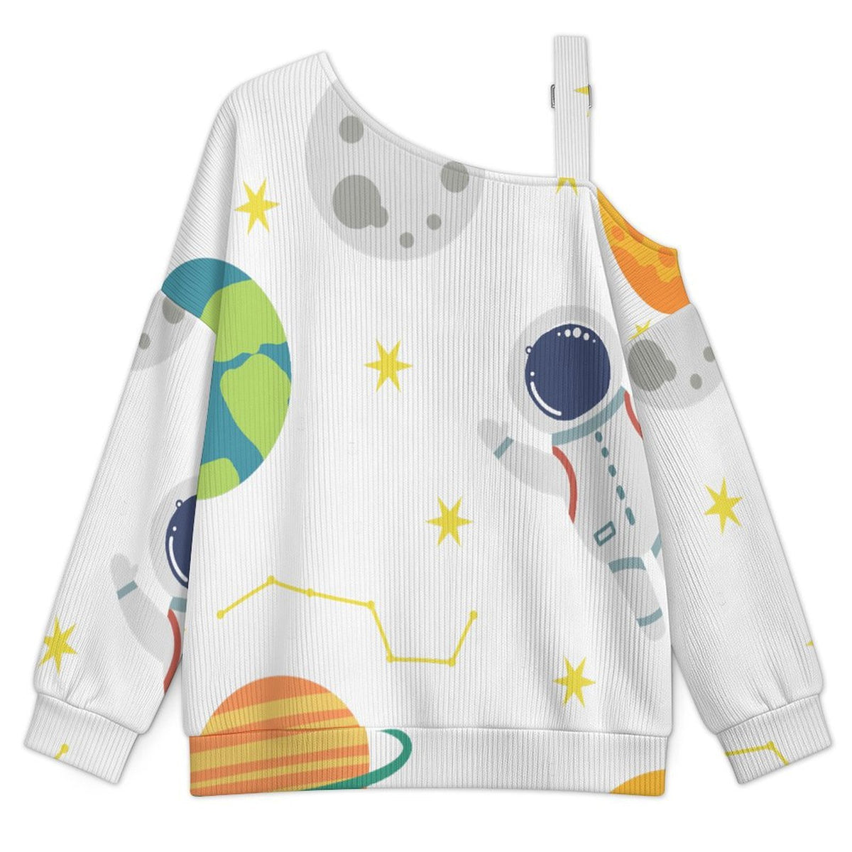 Off-the-shoulder Sweater Tile Pattern-Universe-Space-Cute-Astronaut-Planet  Asymmetric Cold Shoulder Knit Sweater for Women, Adjustable Buckle Strap Long Sleeve Casual Slouchy Pullover