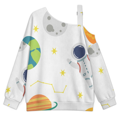 Off-the-shoulder Sweater Tile Pattern-Universe-Space-Cute-Astronaut-Planet  Asymmetric Cold Shoulder Knit Sweater for Women, Adjustable Buckle Strap Long Sleeve Casual Slouchy Pullover