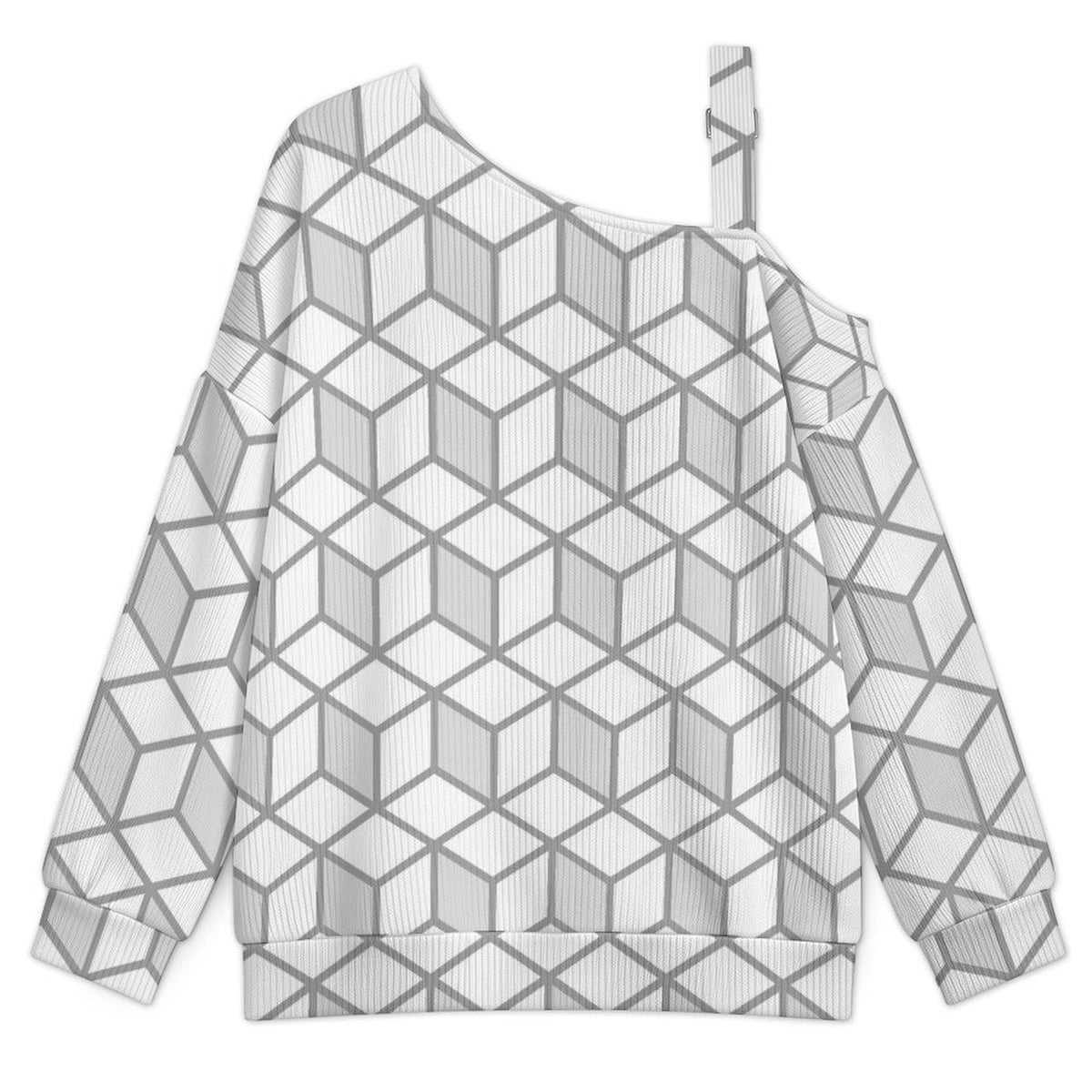 Off-the-shoulder Sweater Geometric Square Graphic Design  Asymmetric Cold Shoulder Knit Sweater for Women, Adjustable Buckle Strap Long Sleeve Casual Slouchy Pullover