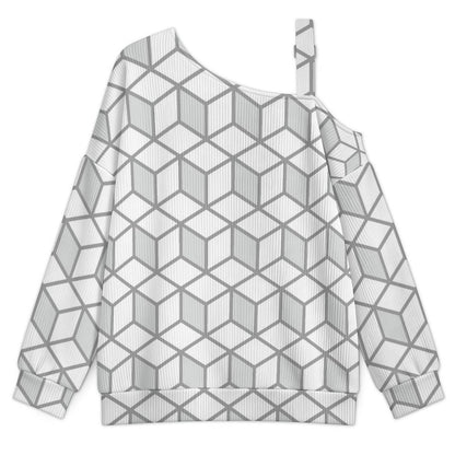 Off-the-shoulder Sweater Geometric Square Graphic Design  Asymmetric Cold Shoulder Knit Sweater for Women, Adjustable Buckle Strap Long Sleeve Casual Slouchy Pullover