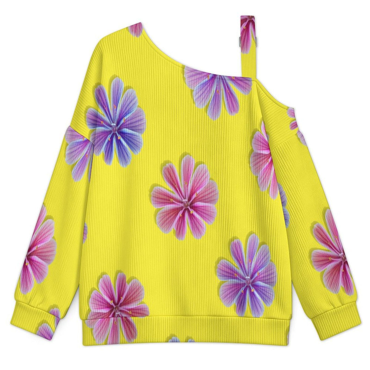 Off-the-shoulder Sweater Yellow Background, Purple Flowers  Asymmetric Cold Shoulder Knit Sweater for Women, Adjustable Buckle Strap Long Sleeve Casual Slouchy Pullover