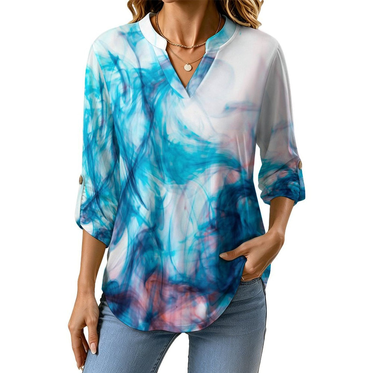 Women's Notched V Neck Tunic Tops, Roll Up 3/4 Sleeve Button Cuff Casual Blouse, Hem Loose Work Shirts Blue Smoke