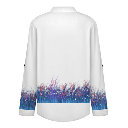 Stand-up Collar Long-sleeved Shirt Blue, Grass  Customization Women’s V-Neck Blouses,long Sleeve,Roll-Up Sleeve Shirt