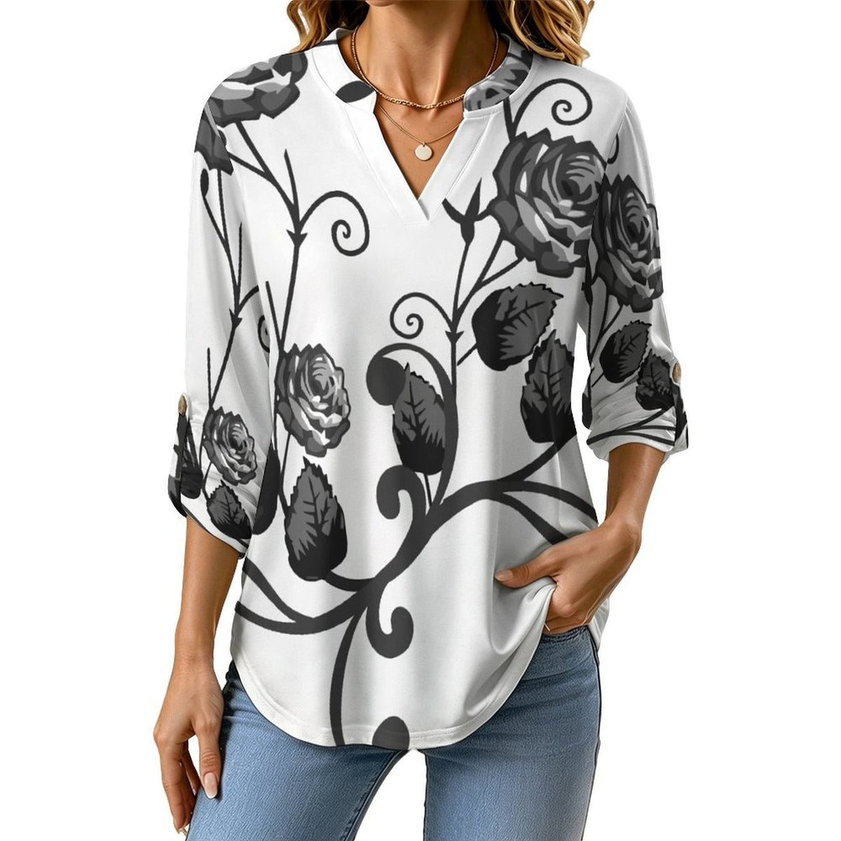Stand-up Collar Long-sleeved Shirt Roses, Flowers  Customization Women’s V-Neck Blouses,long Sleeve,Roll-Up Sleeve Shirt