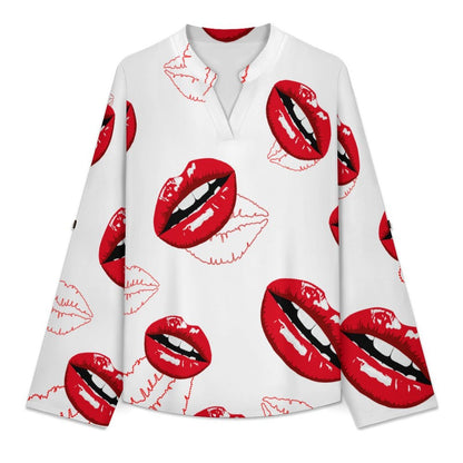 Stand-up Collar Long-sleeved Shirt Red Lips, Sexy, Repeat