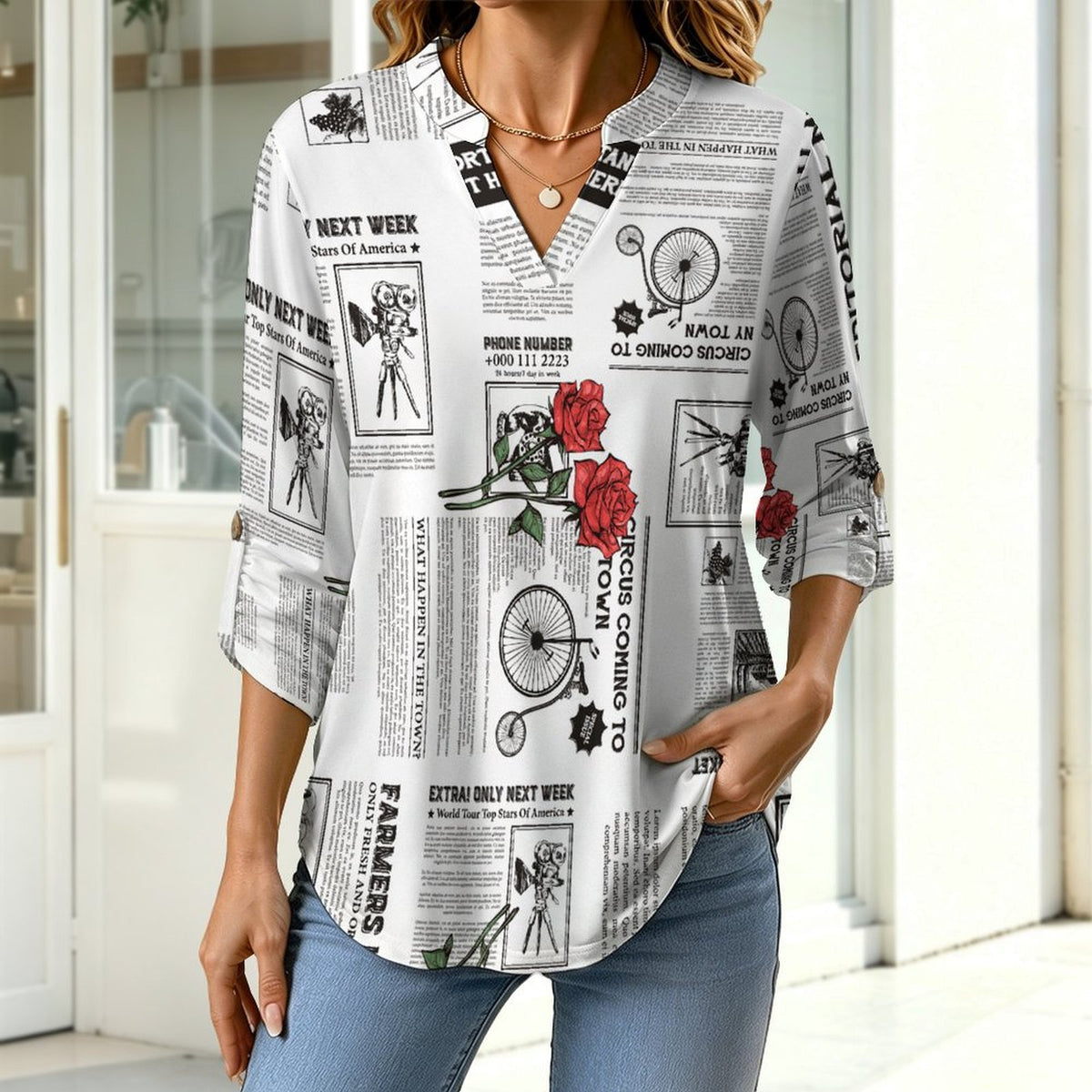 Stand-up Collar Long-sleeved Shirt Newspaper  Red Rose  Customization Women’s V-Neck Blouses,long Sleeve,Roll-Up Sleeve Shirt