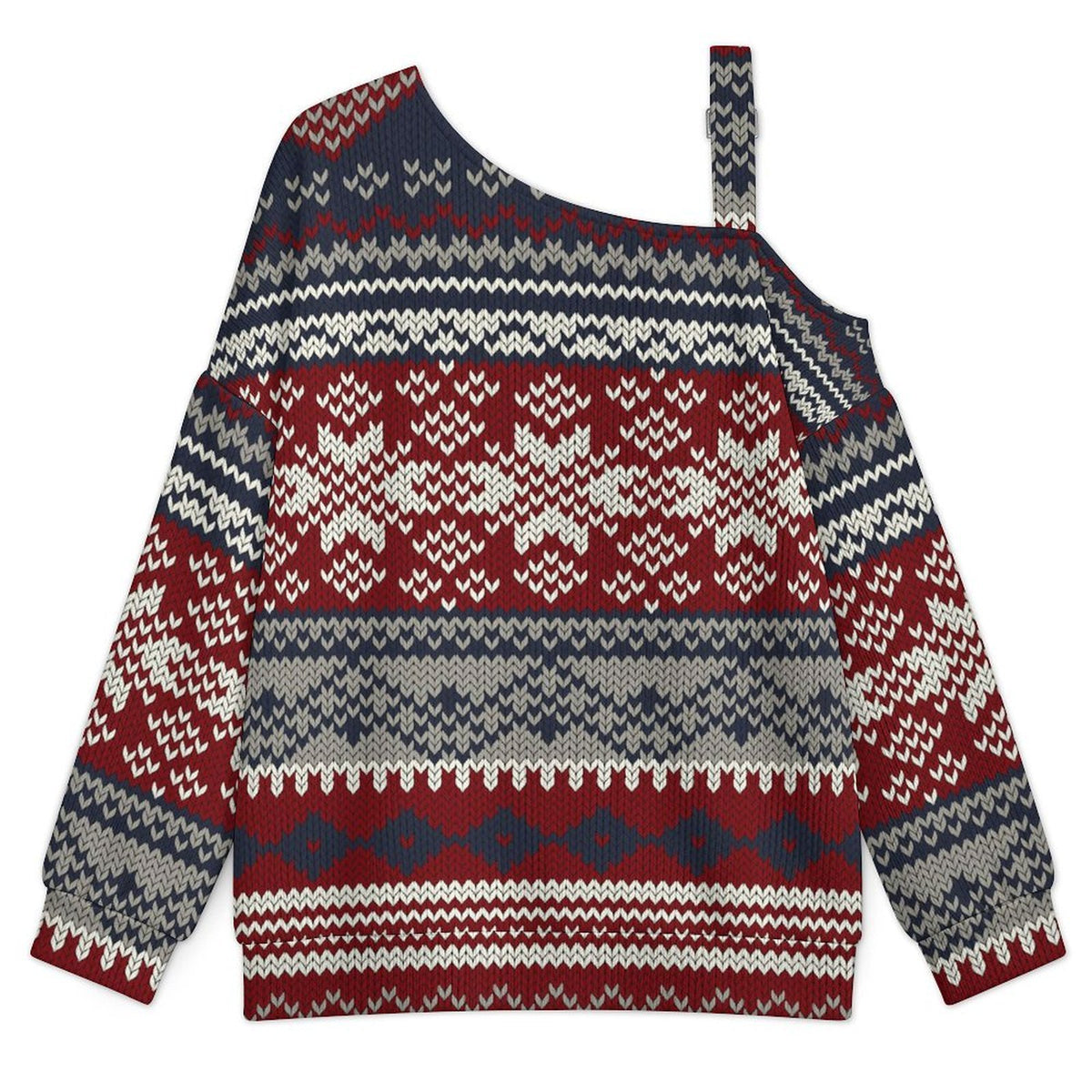 Off-the-shoulder Sweater European Retro Pattern  Asymmetric Cold Shoulder Knit Sweater for Women, Adjustable Buckle Strap Long Sleeve Casual Slouchy Pullover