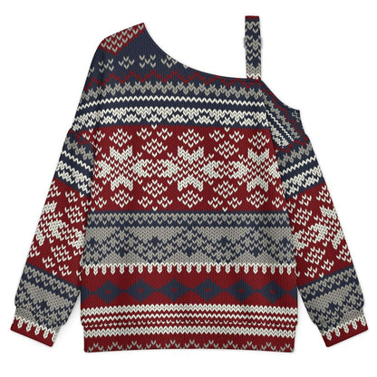 Off-the-shoulder Sweater European Retro Pattern  Asymmetric Cold Shoulder Knit Sweater for Women, Adjustable Buckle Strap Long Sleeve Casual Slouchy Pullover
