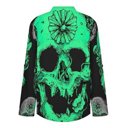 Stand-up Collar Long-sleeved Shirt Mysterious Skull  Customization Women’s V-Neck Blouses,long Sleeve,Roll-Up Sleeve Shirt