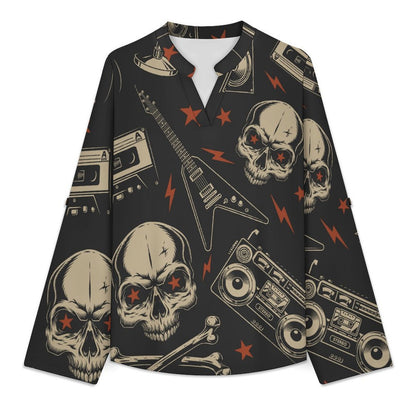 Stand-up Collar Long-sleeved Shirt Retro Skull Pattern, Music  Customization Women’s V-Neck Blouses,long Sleeve,Roll-Up Sleeve Shirt