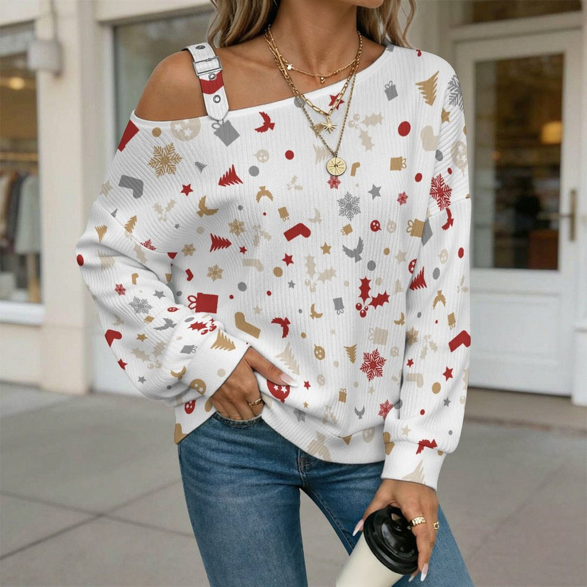 Off-the-shoulder Sweater Christmas-tile-repeat-red-white-yellow-gray-snowflake-Christmas Tree  Asymmetric Cold Shoulder Knit Sweater for Women, Adjustable Buckle Strap Long Sleeve Casual Slouchy Pullo