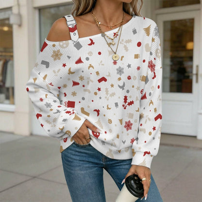 Off-the-shoulder Sweater Christmas-tile-repeat-red-white-yellow-gray-snowflake-Christmas Tree  Asymmetric Cold Shoulder Knit Sweater for Women, Adjustable Buckle Strap Long Sleeve Casual Slouchy Pullo