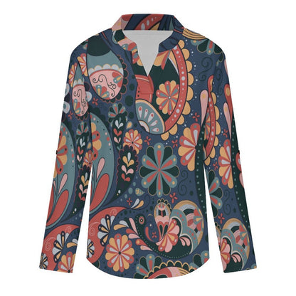 Women's Notched V Neck Tunic Tops, Roll Up 3/4 Sleeve Button Cuff Casual Blouse, Hem Loose Work Shirts  Color, Paisley Pattern