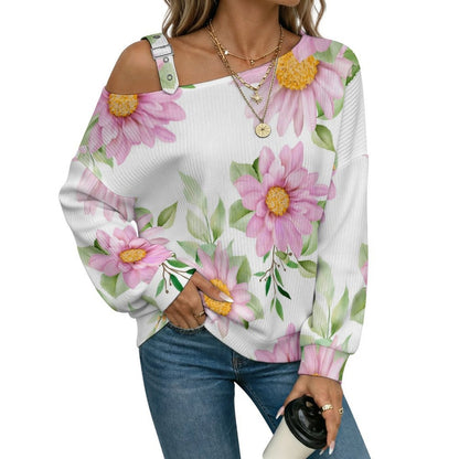 Adjustable Buckle Strap Long Sleeve Casual Slouchy PulloverOctopus Love PatternOff-the-shoulder Sweater