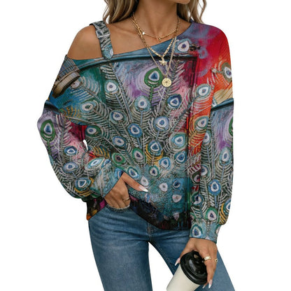 Off-the-shoulder Sweater Peacock Feather Mural  Asymmetric Cold Shoulder Knit Sweater for Women, Adjustable Buckle Strap Long Sleeve Casual Slouchy Pullover